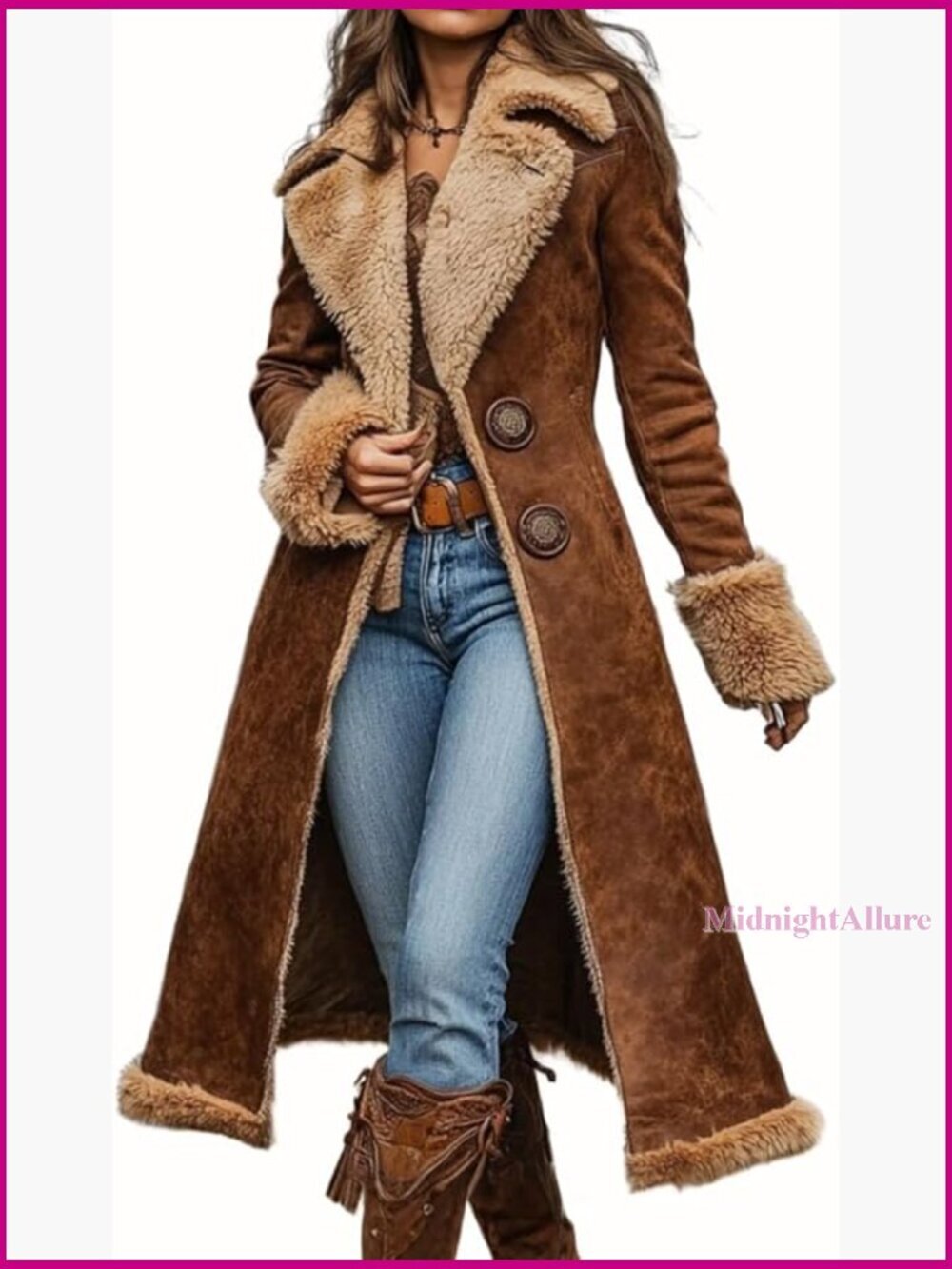 Faux Suede Sherpa Lined Midi Trench Coat Winter Jacket Regular Fit